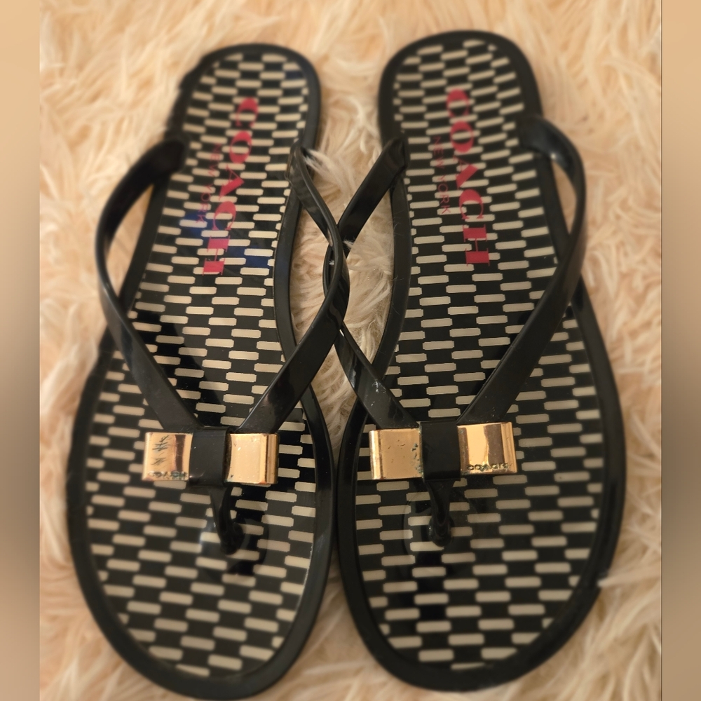 Coach Black Sandal Flip Flops with Gold Accent